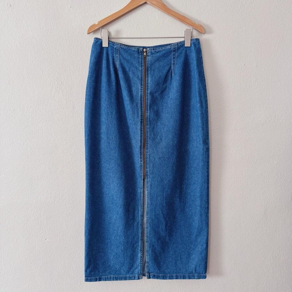 90s vintage high waist zip-up denim maxi skirt